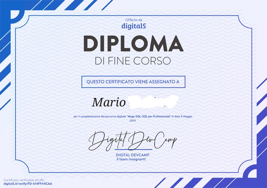 Certificato / Attestato/ Diploma di fine corso SQL